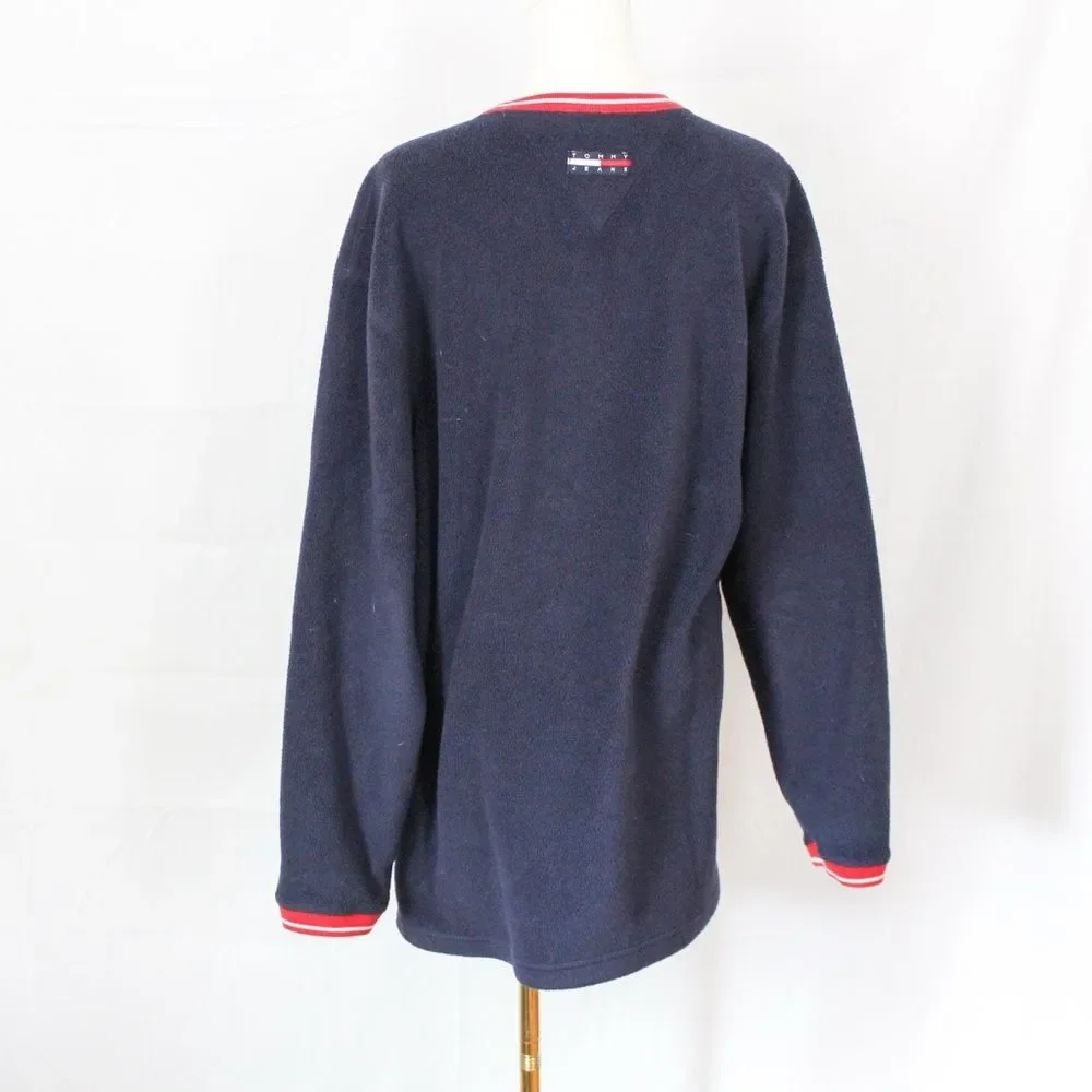 Tommy Hilfiger 2000s Men's Long Sleeve Fleece Crew Sweatshirt Washed Navy Small